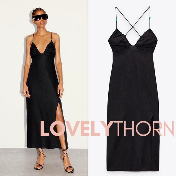 ZARA // linen blend strappy ruched bust plunge open tie-back midi dress - Picture 1 of 16